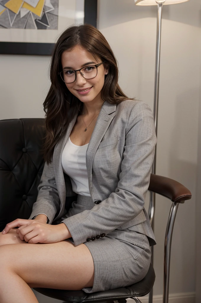 Megan_Kraft, glasses, wearing a grey suit jacket, white shirt, pencil skirt, looking at viewer, smiling, sitting, inside a small office, on leather chair, holding some cash, soft lighting, high quality, masterpiece
