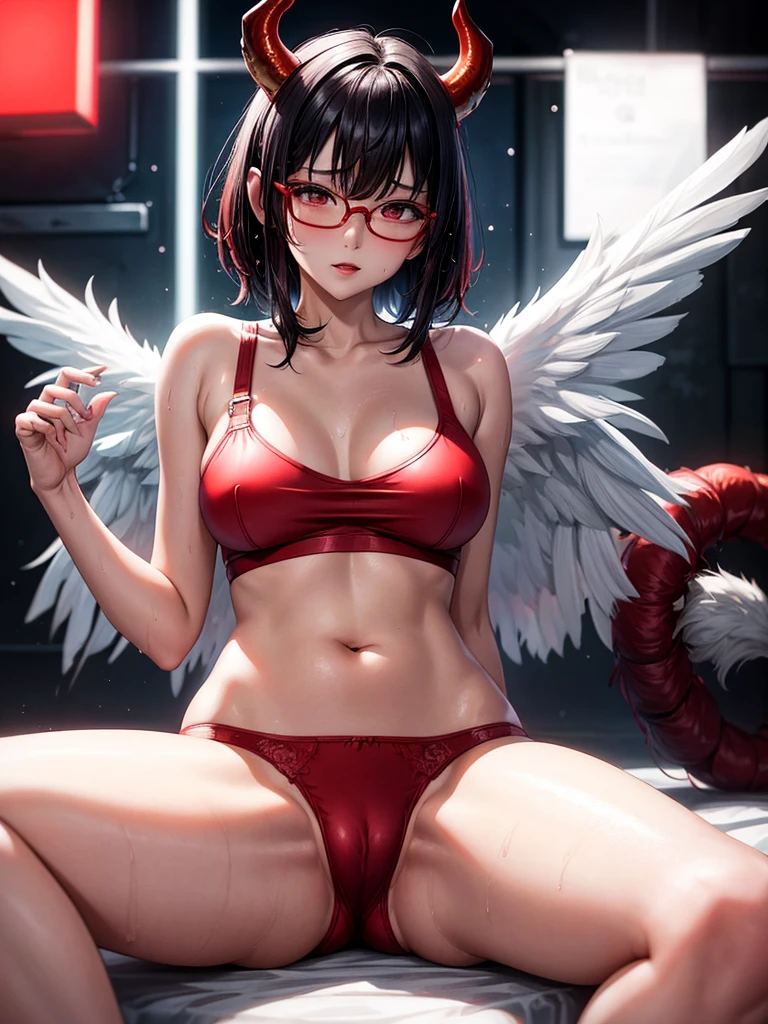 Beautiful girl,Korea, sitting among red light neon,
18 years old,Short hair, shoulder length,black hair, medium breasts,wet, sweat, camel toe, red lips ,Wear glasses,
White underwear, sexy pose,
red eyes, spread your legs, กางเกงใน girl, baby face,
Two horns and a red demon tail, slim, angel wings,