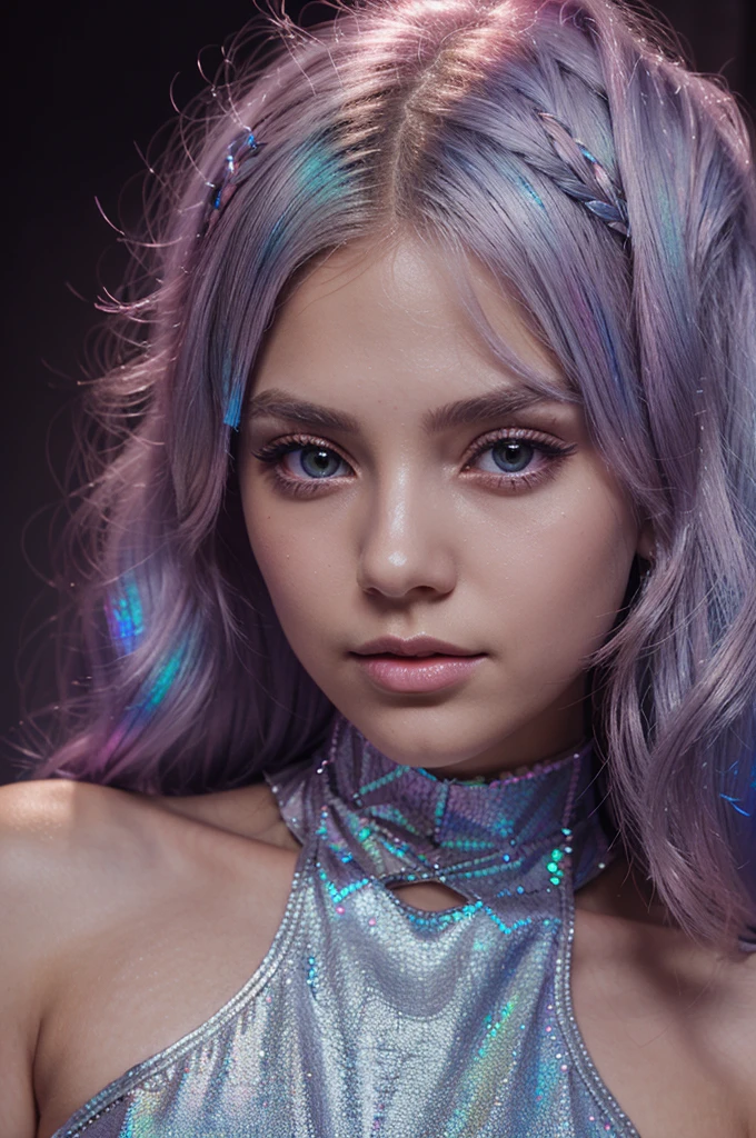 a girl with diamond-shaped face, with iridescent hair color, with deep-set dark pink eyes