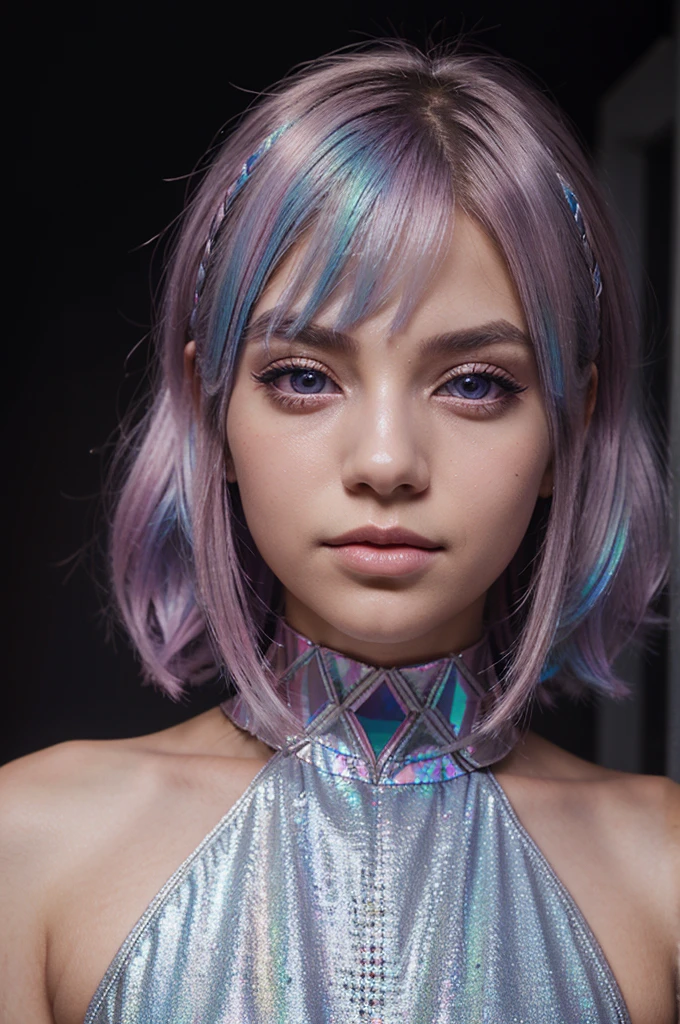 a girl with diamond-shaped face, with iridescent hair color, with deep-set dark pink eyes