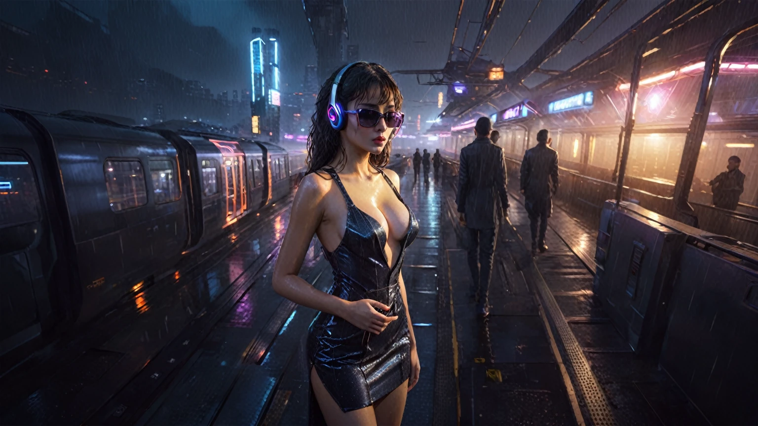 (((aerial view))), Blade Runner style futuristic railway platform, hi-tech train, neon lights, rainy night. (1girl, solo, alone), large-breast:1.2 slim body, cleavage:1.1, sexy wind blowing wet dress:1.4, headphone, (micro:0.8 black sunglasses), (((she raised a pistol:1.8 and shot:1.8 the viewer))), dynamic pose, (((half-body thigh level medium shot))), cinematic lighting, lens flare, ray tracing, zoom-in blurred:1.4 background.
