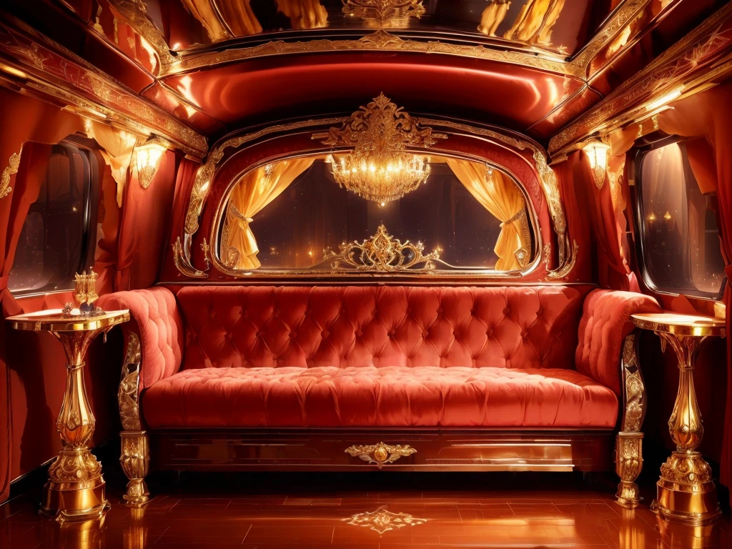 (masterpiece),(highest quality), highres, (extremely detailed), (best lighting) a close up of a luxurious crimson couch in a room with a window and encrusted red ruby in floral aplique, elegant golden silk curtains on all windows, more curtains, ornate drapery, no items on the tables, royal interior, carriage, extremely opulent, baroque, elegant and ornate, gold and luxury materials, dark wood reflective floor, night sky view from windows, exquisitely designed throne room, symmetrical environment, red and golden color details, high end interior, luxurious environment, neo - gypsy caravan, in majestic, elegant interior, by Julia Pishtar