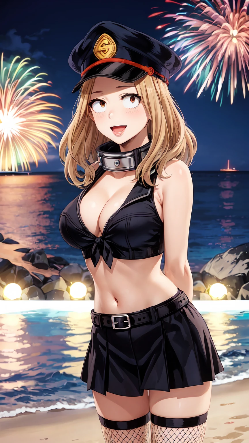 Masterpiece ,best quality , high resolution , (face view , look at view ) , (1 girl solo:1.38) , (camie, long hair, brown hair, brown eyes, peaked cap , lipstick , eyeliner)) , (slim , tall , slender , thin) , (cleavage:1.05) , (big breast:1.06) , (wear bikini , belt , belly , navel , tied shirt , fishnet stockings) , (arms behind back , hands behind back) , (outdoor , night , firework , beach , ocean , sea , blue sky ) , (open mouth , smile , full face blush , shy ) , (standing , thighs ) , (cowboy_shot)