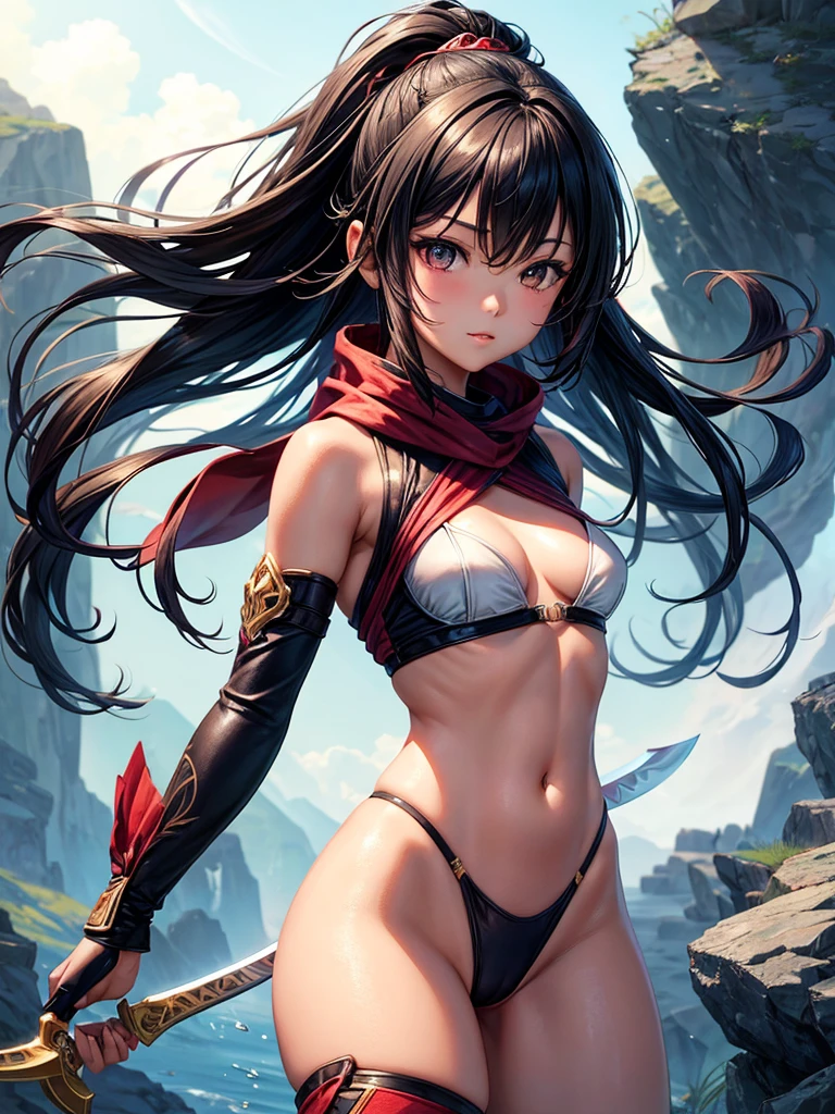 Beautiful Asian girl, 18 years old, light bikini assassin girls, sexy lady, medium breasts, camel toe, small blade in hand,