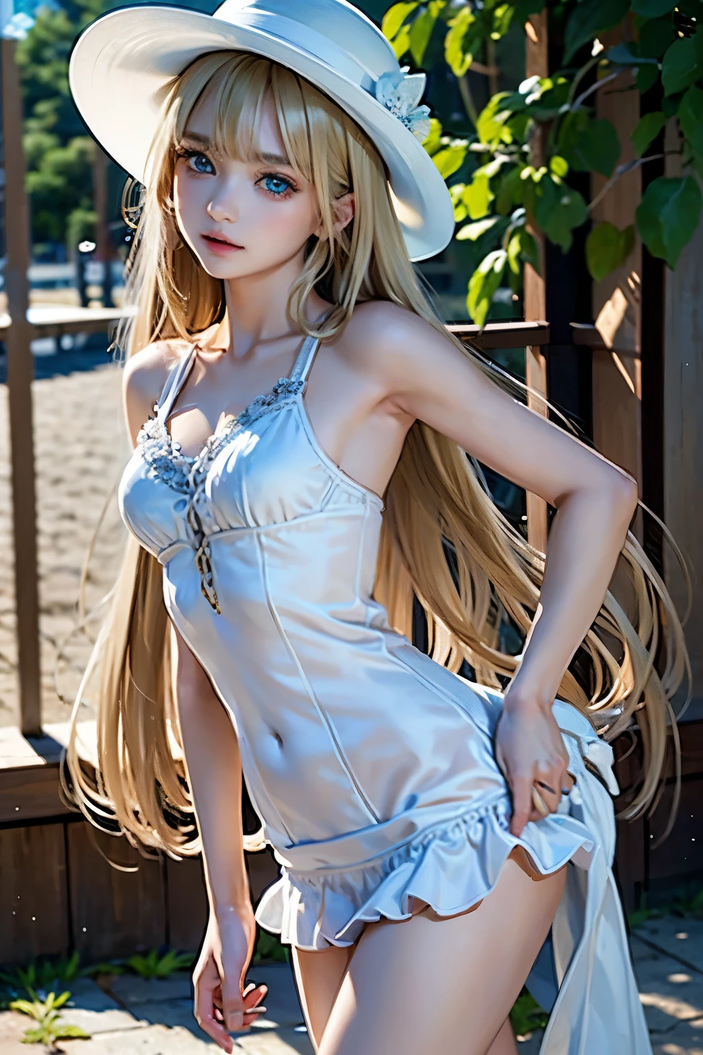 masterpiece,Highest quality,Very detailed,beautiful girl, teenager, (full body),Blonde,Beautiful and detailed eyes,blue eyes,Beautiful Skin,skinny,Dynamic,White dress,White Hat,Midsummer Beach
