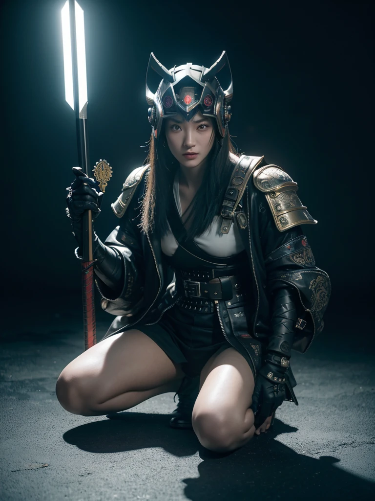 Surreal version of a woman kneeling on one knee and holding a sword in her hand, very beautiful cyberpunk samurai sitting on one knee, futuristic background, cyberpunk samurai, samurai armor, devil mask helmet, intricate, detailed Ornament, cool colors, metal, Egyptian details, very intricate details, realistic lights, glowing eyes, face to camera, neon details, surreal details, full body portrait, global illumination, shadows, octane render, 8k, HDR, beams Scope, NVIDIA RTX, Ultra High Resolution, Unreal 5, Subsurface Scattering, PBR Textures, Post-Processing, Anisotropic Filtering, Depth of Field, Maximum Clarity and Sharpness, Multi-Layered Textures, Albedo and Reflection Maps, Surface Shadows, Accurate simulation of light and material interaction, perfect scaling, octane rendering, two-tone light colors, wide aperture, low ISO, white balance, rule of thirds, 8K RAW, smoke background,