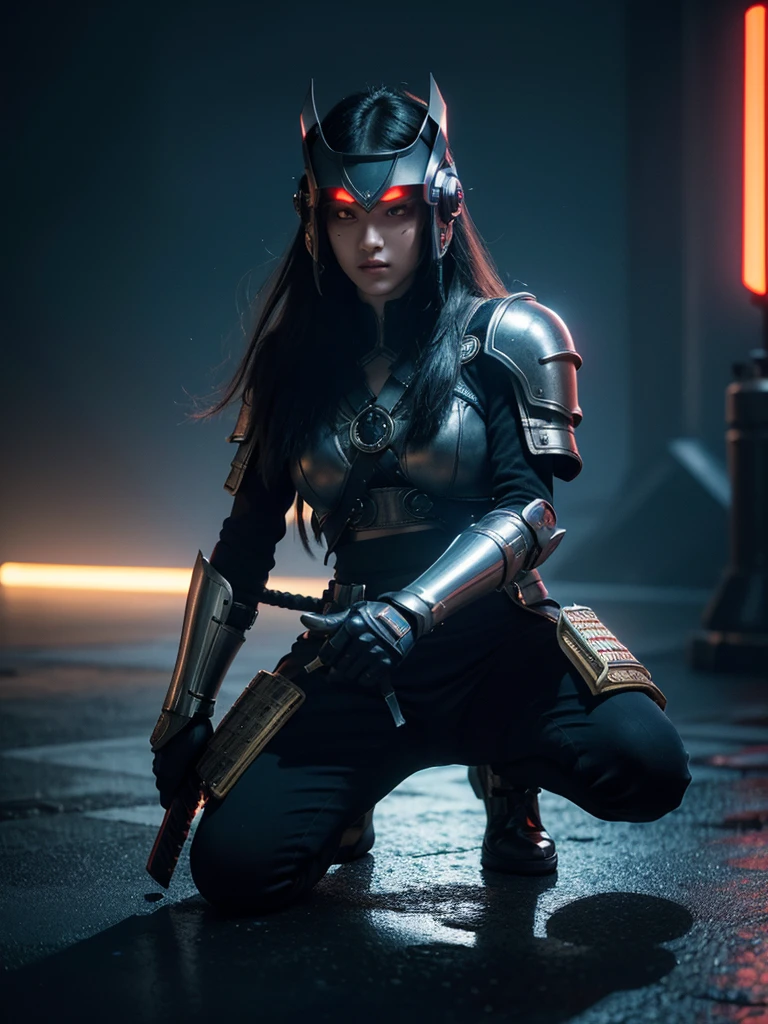 Surreal version of a woman kneeling on one knee and holding a sword in her hand, very beautiful cyberpunk samurai sitting on one knee, futuristic background, cyberpunk samurai, samurai armor, devil mask helmet, intricate, detailed Ornament, cool colors, metal, Egyptian details, very intricate details, realistic lights, glowing eyes, face to camera, neon details, surreal details, full body portrait, global illumination, shadows, octane render, 8k, HDR, beams Scope, NVIDIA RTX, Ultra High Resolution, Unreal 5, Subsurface Scattering, PBR Textures, Post-Processing, Anisotropic Filtering, Depth of Field, Maximum Clarity and Sharpness, Multi-Layered Textures, Albedo and Reflection Maps, Surface Shadows, Accurate simulation of light and material interaction, perfect scaling, octane rendering, two-tone light colors, wide aperture, low ISO, white balance, rule of thirds, 8K RAW, smoke background,