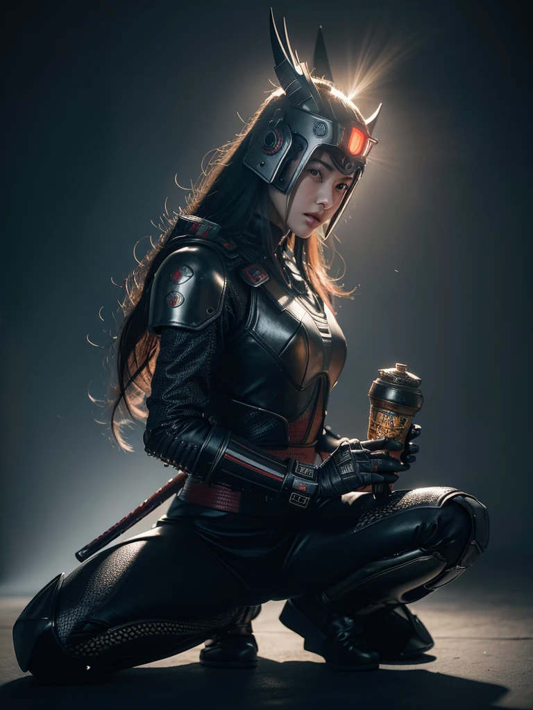 Surreal version of a woman kneeling on one knee and holding a sword in her hand, very beautiful cyberpunk samurai sitting on one knee, futuristic background, cyberpunk samurai, samurai armor, devil mask helmet, intricate, detailed Ornament, cool colors, metal, Egyptian details, very intricate details, realistic lights, glowing eyes, face to camera, neon details, surreal details, full body portrait, global illumination, shadows, octane render, 8k, HDR, beams Scope, NVIDIA RTX, Ultra High Resolution, Unreal 5, Subsurface Scattering, PBR Textures, Post-Processing, Anisotropic Filtering, Depth of Field, Maximum Clarity and Sharpness, Multi-Layered Textures, Albedo and Reflection Maps, Surface Shadows, Accurate simulation of light and material interaction, perfect scaling, octane rendering, two-tone light colors, wide aperture, low ISO, white balance, rule of thirds, 8K RAW, smoke background,