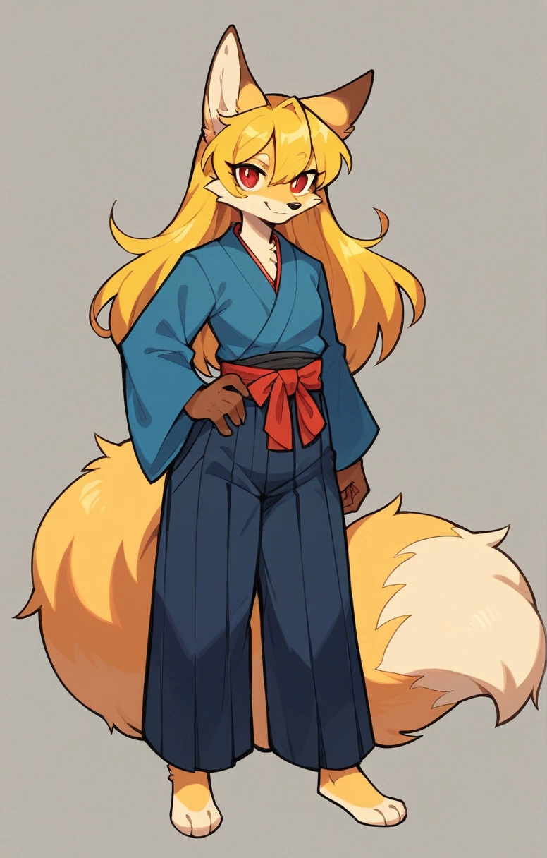 (full body,,The left hand is on the hip),((The right hand is out in front,Fluffy tail,,)),small breasts,Adult female fox,One Girl, Furry, Golden fur, Golden facial fur, long golden hair, The hair on his hands is golden, Golden yellow hair on the back of the hand, Light-filled eyes, Red eyes, Brown elements of fur,(Dark blue kimono,Dark blue hakama),Very fine fur, Fluffy tail,Smiling mouth