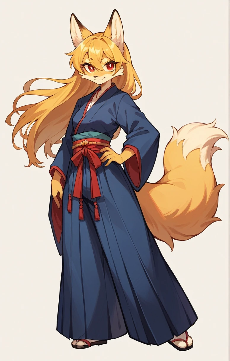 (full body,,The left hand is on the hip),((The right hand is out in front,Fluffy tail,,)),small breasts,Adult female fox,One Girl, Furry, Golden fur, Golden facial fur, long golden hair, The hair on his hands is golden, Golden yellow hair on the back of the hand, Light-filled eyes, Red eyes, Brown elements of fur,(Dark blue kimono,Dark blue hakama),Very fine fur, Fluffy tail,Smiling mouth