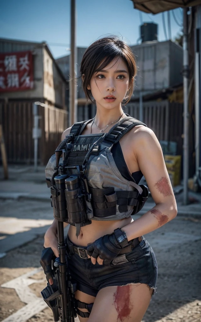 (photography:1.3, 16K, best quality, masterpiece, existltra-high reSolution), Perfect dynamic composition:1.2, Highly detailed skin and facial texture:1.2, covered in wounds:1.2, (End of the World:0.7, In stark contrast to the desolate background:0.7, Adding destructive elements:0.7, There are debris and impurities scattered around:0.7), (Dynamic action poses:1.0, 专业photography工作:1.0, Aim with a gun:1.0), exist.S. Military base, Beautiful JapaneSe women Serving in the existS military, Ultra-thin body, White skin, （short hair），Very beautiful face, Stern expreSSion, (Automatic Rifle:1.0, Bulletproof vest:1.0, torn military uniform:1.0, Backpack:1.0, boots:1.0), Shapely breaStS, Chest space, Big eyes that exude beauty, Lips that radiate beauty, Cowboy Shot, necklace, earrings, bracelet