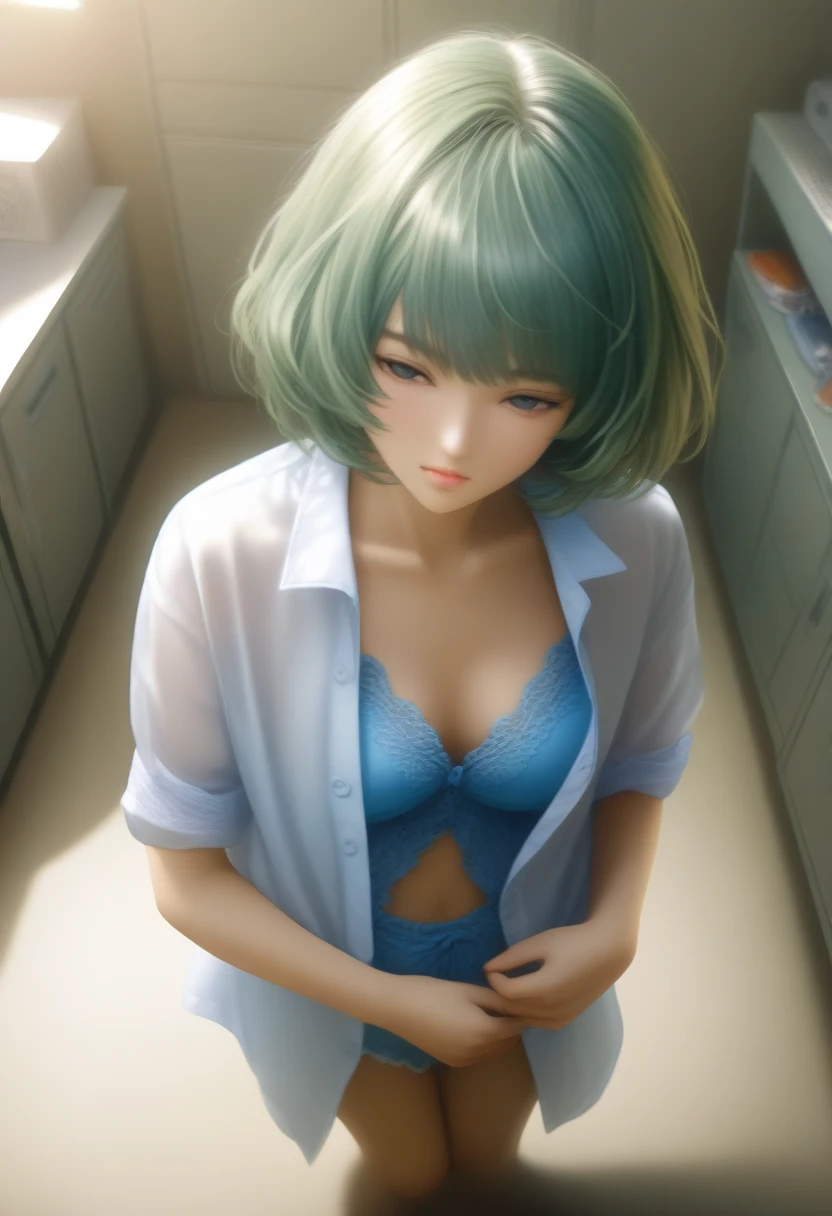 (((masterpiece) (((((Highest quality))))((high resolution))))), Very detailed, Ultra-realistic, )、、locker room、Open shirt、Blue Bra、blue panties、Green Hair、、、Change of clothes、((Expressionless))、From above.stand、Gaze Down.Short Hair、adult、slender
