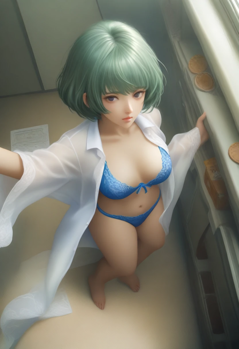 (((masterpiece) (((((Highest quality))))((high resolution))))), Very detailed, Ultra-realistic, )、、locker room、Open shirt、Blue Bra、blue panties、Green Hair、、、Change of clothes、((Expressionless))、From above.stand、Gaze Down.Short Hair、adult、slender