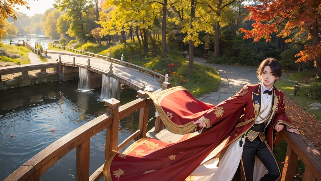 ((masterpiece, best quality)), very detailed, official art, unity 8k wallpaper, formal costumes, young and handsome man, alone, perfect face, glowing skin, sparkling eyes, hair pick dye red, afternoon, The background is a Fire Red Maple Forest.., Maple leaf, riverside, Wooden bridge, aesthetic, (High_body)