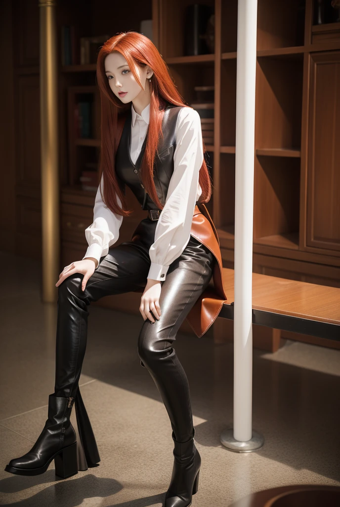 A girl with long cherry-red hair, white porcelain skin, slender figure, thin waist, slender legs. Hourglass figure. Fantasy world. Fantasy clothing consisting of a shirt, trousers, vest and leather boots. From head to toe.