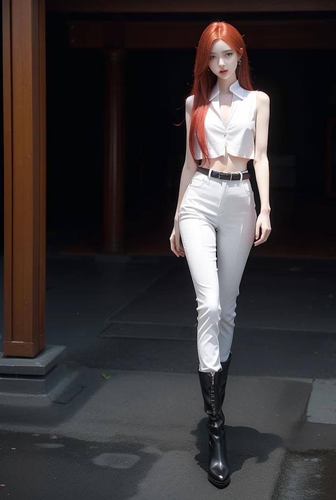 A girl with long cherry-red hair, white porcelain skin, slender figure, thin waist, slender legs. Hourglass figure. Fantasy world. Fantasy clothing consisting of a shirt, trousers, vest and leather boots. From head to toe.