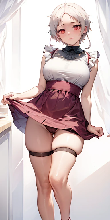 (High resolution,realist:1.2),beautiful,beautiful mother , in a kitchen, mother with apron, mother with red and sexy underwear, lifts her skirt to show her underwear, happy look, by white, short hair, small breasts. 