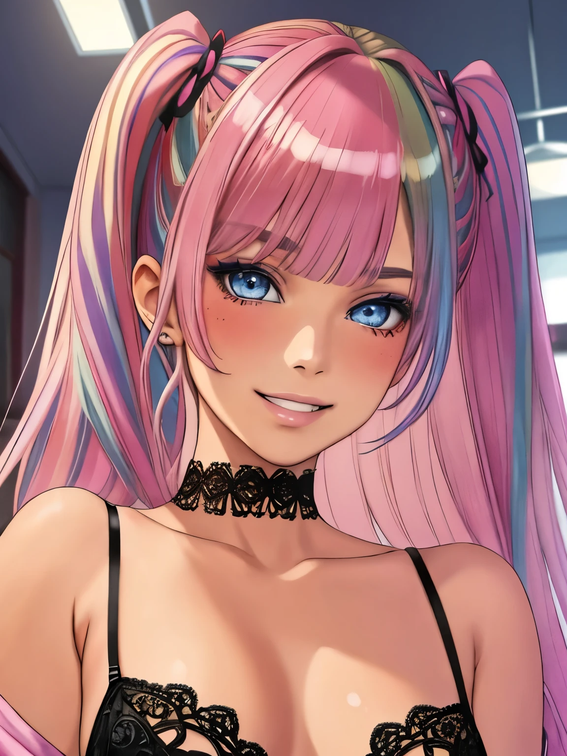 (masterpiece), (extremely intricate:1.3), (realistic), 1girl, solo, rainbow hair, twintails, bangs, detailed blue eyes, portrait, looking at viewer, indoors, pink lingerie, choker, makeup, grin, blush