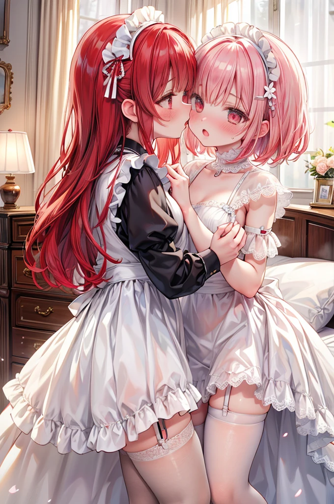 masterpiece, best quality, nsfw,
 2girl, kiss, 
 maid clothes, white panties, white garter belt, red hair, embarrassed face, 
 bedroom, night,