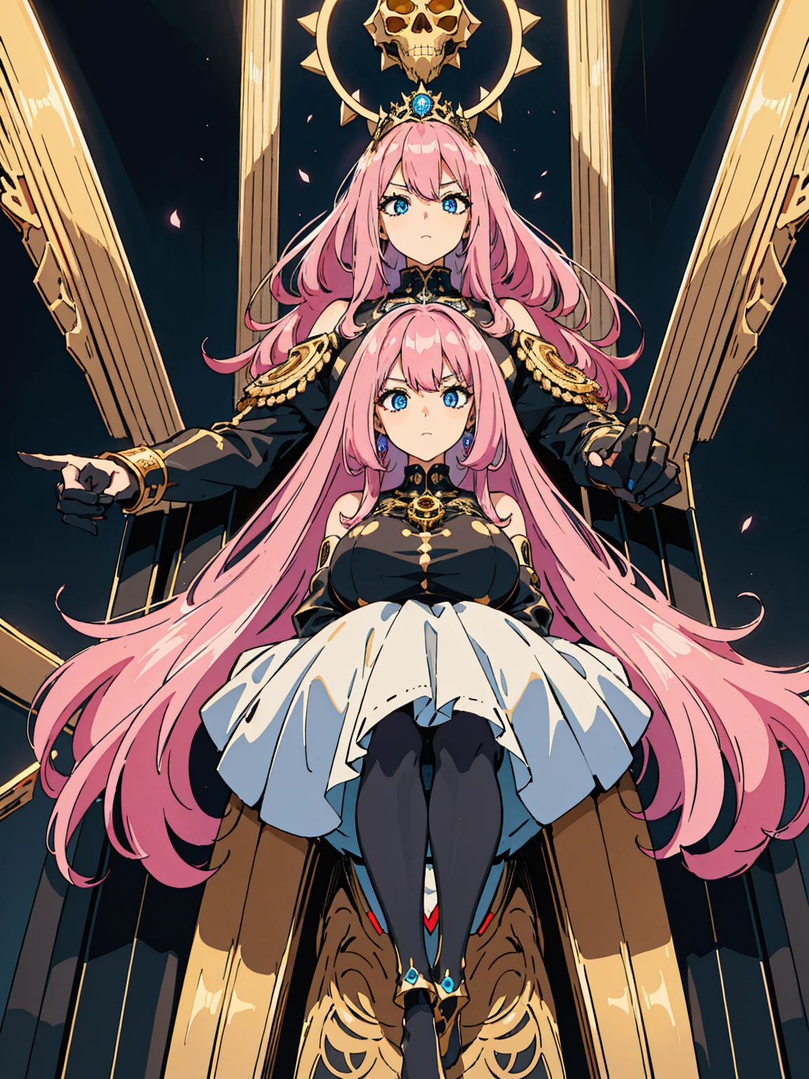 1 confident woman with floor-length pink hair, huge and big breasts, Futuristic royal costume in white with black and gold details, tall woman, blue detailed eyes, sitting on the throne of skulls , judgmental look, golden metal skulls, sovereign pose, cyberpunk queen