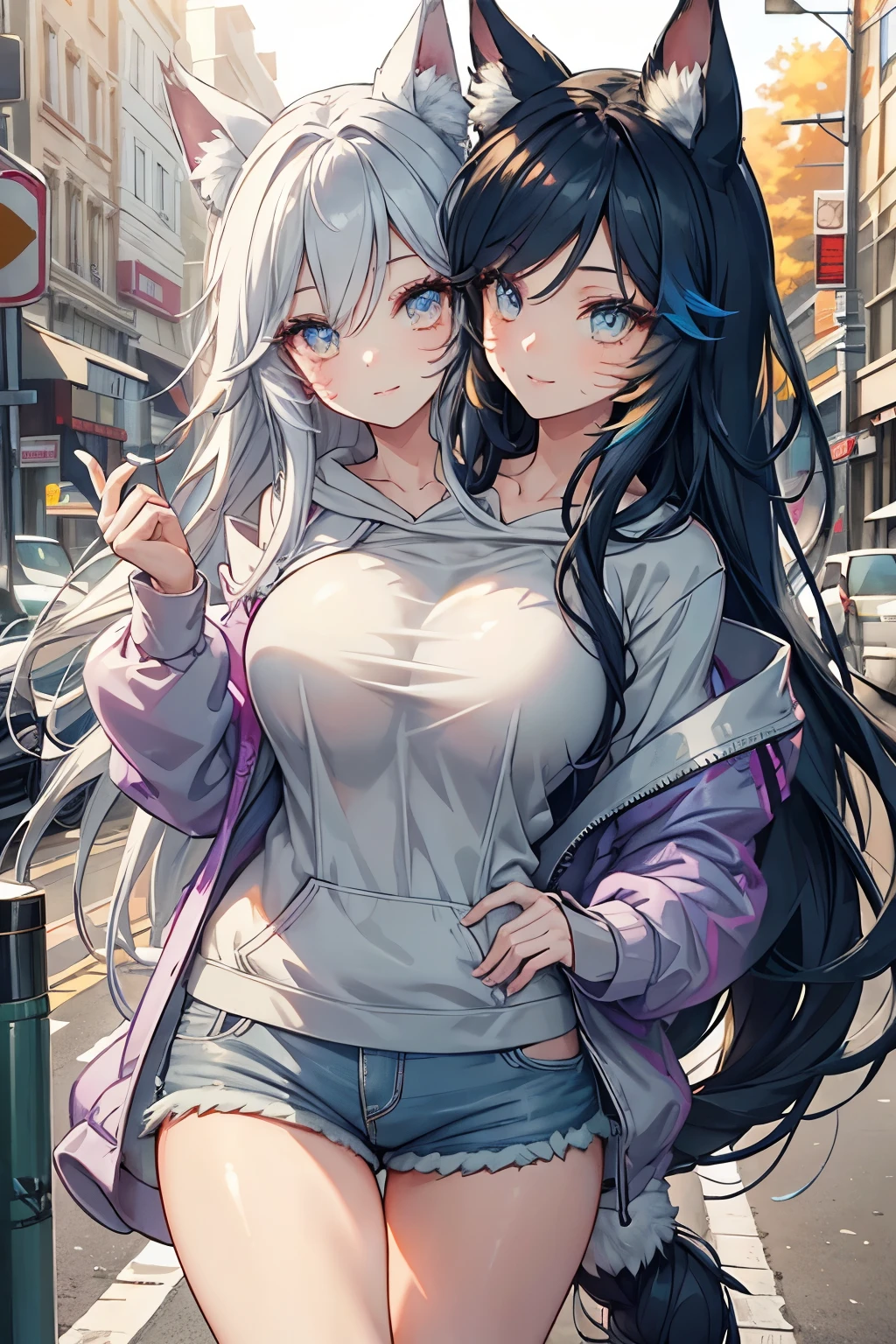 (2heads:1.2), 1girl, conjoined twins, extreme close-up, Ahri wearing a casual light grey hoodie,short jeans, beautiful detailed eyes, smiling face, longeyelashes, her tails forming a heart shape behind her, standing on a sidewalk, sun shining, vivid colors, photo-realistic, portraits, medium:illustration. (best quality,ultra-detailed,HDR,colorful vivid appearance,studio lighting)