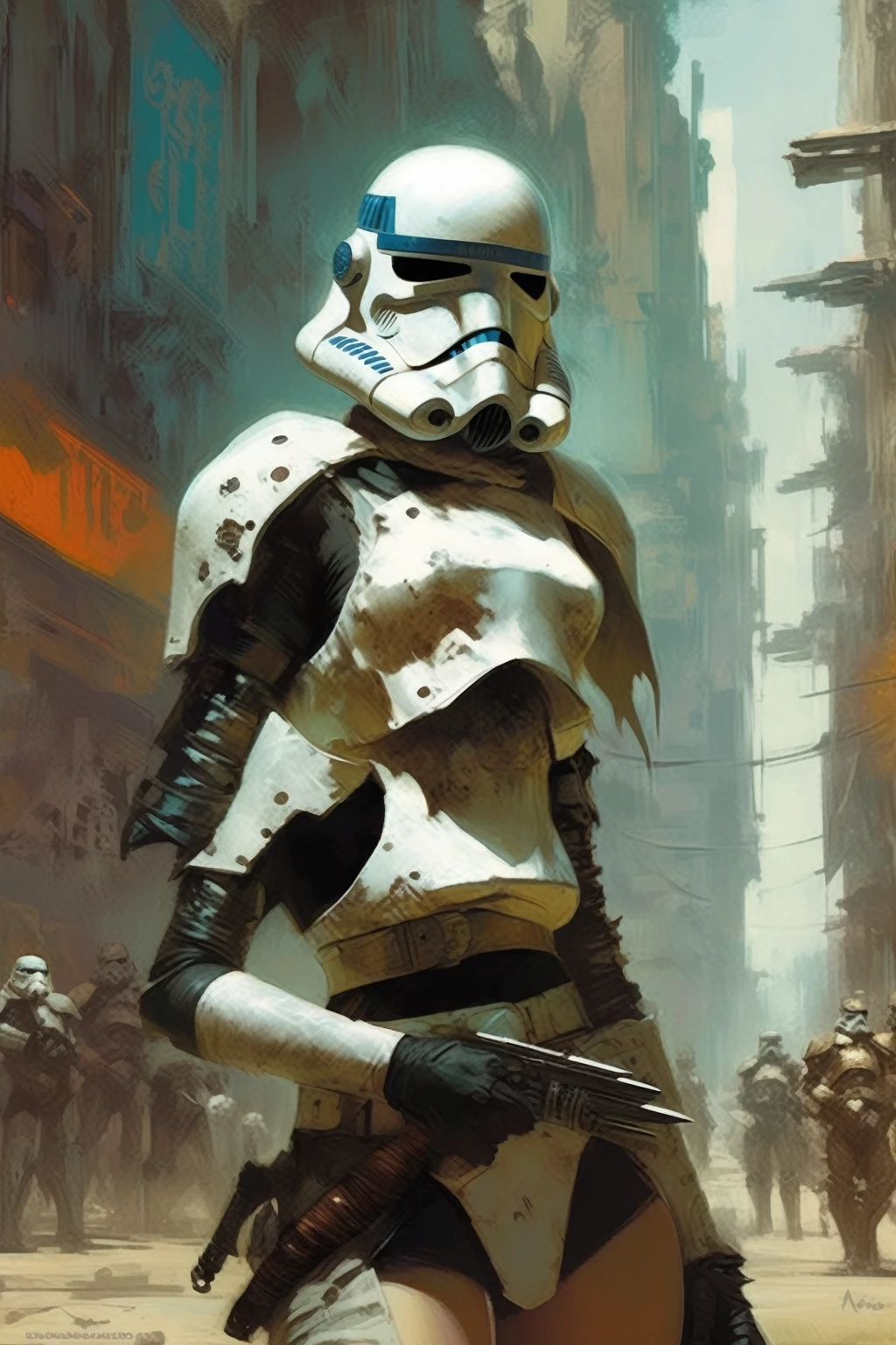 Estilo Craig Mullins - personagem de Star Wars de Frank Frazetta, Game of Thrones, conceptual artwork, cyber punk, foreigner in the city, storm trooper mortal kombat fighter, woman in stormtrooper armor
