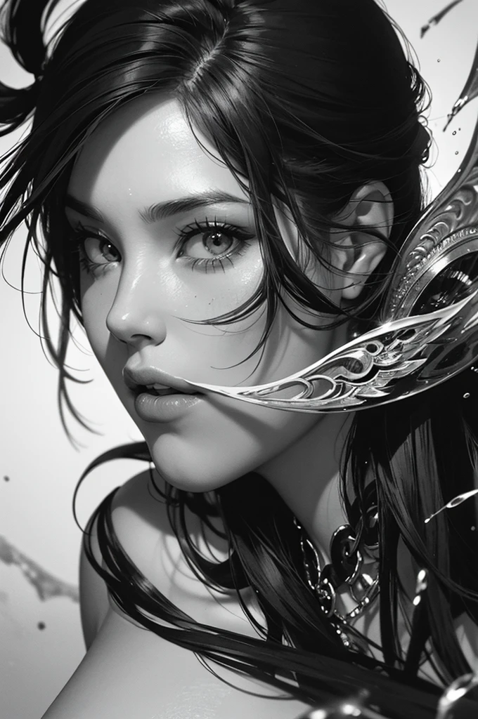 1girl, Black and white ink drawing, Hyperrealistic, splash art, concept art, mid shot, intricately detailed, dramatic, 2/3 face angle