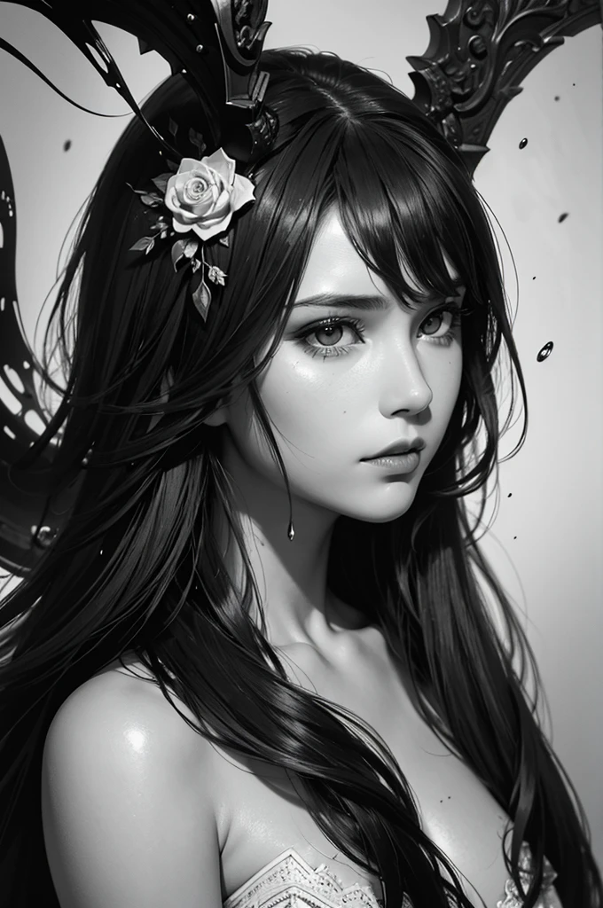 1girl, Black and white ink drawing, Hyperrealistic, splash art, concept art, mid shot, intricately detailed, dramatic, 2/3 face angle