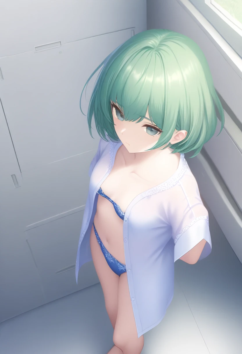 (((masterpiece) (((((Highest quality))))((high resolution))))), Very detailed, Ultra-realistic, )、、locker room、Open shirt、Blue Bra、blue panties、Green Hair、、、Change of clothes、((Expressionless))、From above.stand、Gaze Down.Short Hair、adult、slender