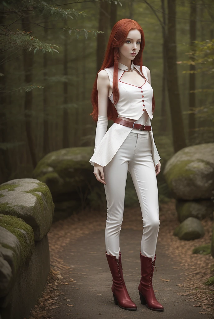 A girl with long cherry-red hair, white porcelain skin, slender figure, thin waist, slender legs. Hourglass figure. Fantasy world. Fantasy clothing consisting of a shirt, trousers, vest and leather boots. From head to toe.