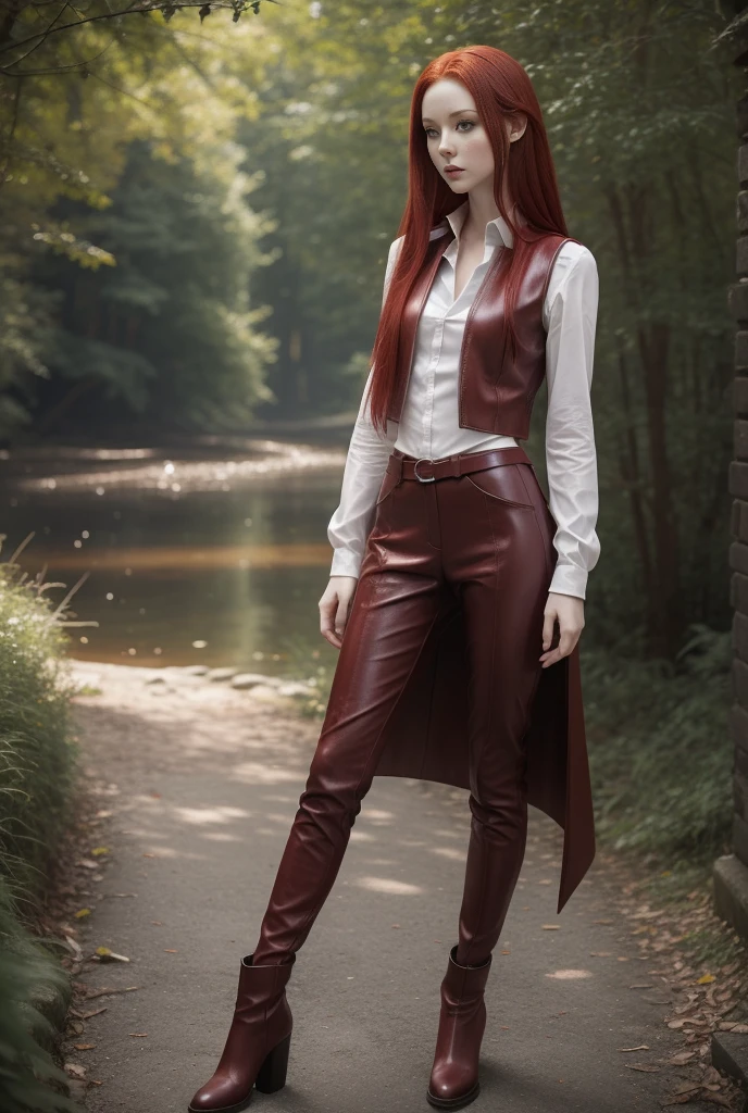 A girl with long cherry-red hair, white porcelain skin, slender figure, thin waist, slender legs. Hourglass figure. Fantasy world. Fantasy clothing consisting of a shirt, trousers, vest and leather boots. From head to toe.