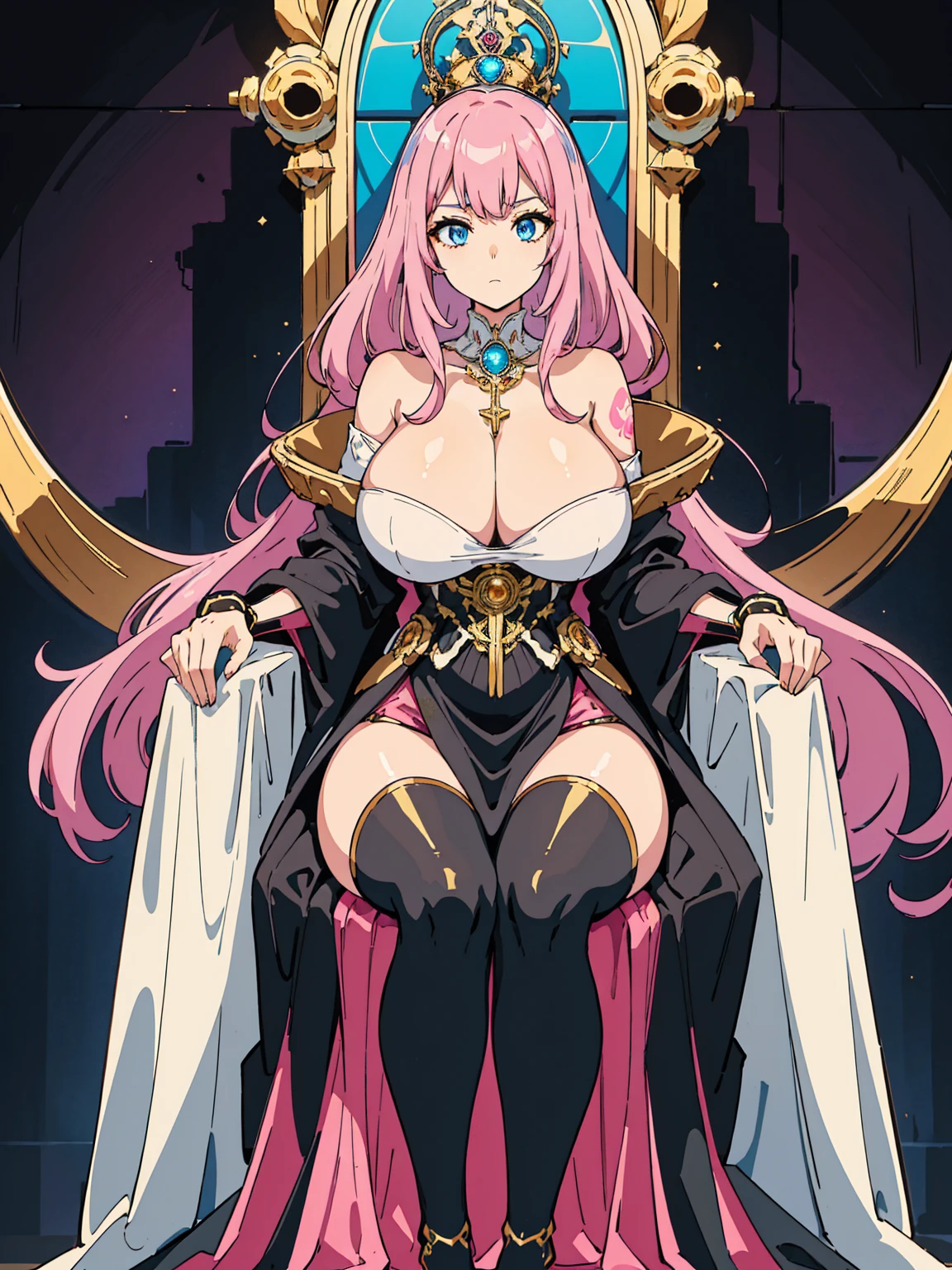 1 confident woman with floor-length pink hair, huge and big breasts, Futuristic royal costume in white with black and gold details, tall woman, blue detailed eyes, sitting on the throne of skulls , judgmental look, golden metal skulls, sovereign pose, cyberpunk queen, pink royal tattoo