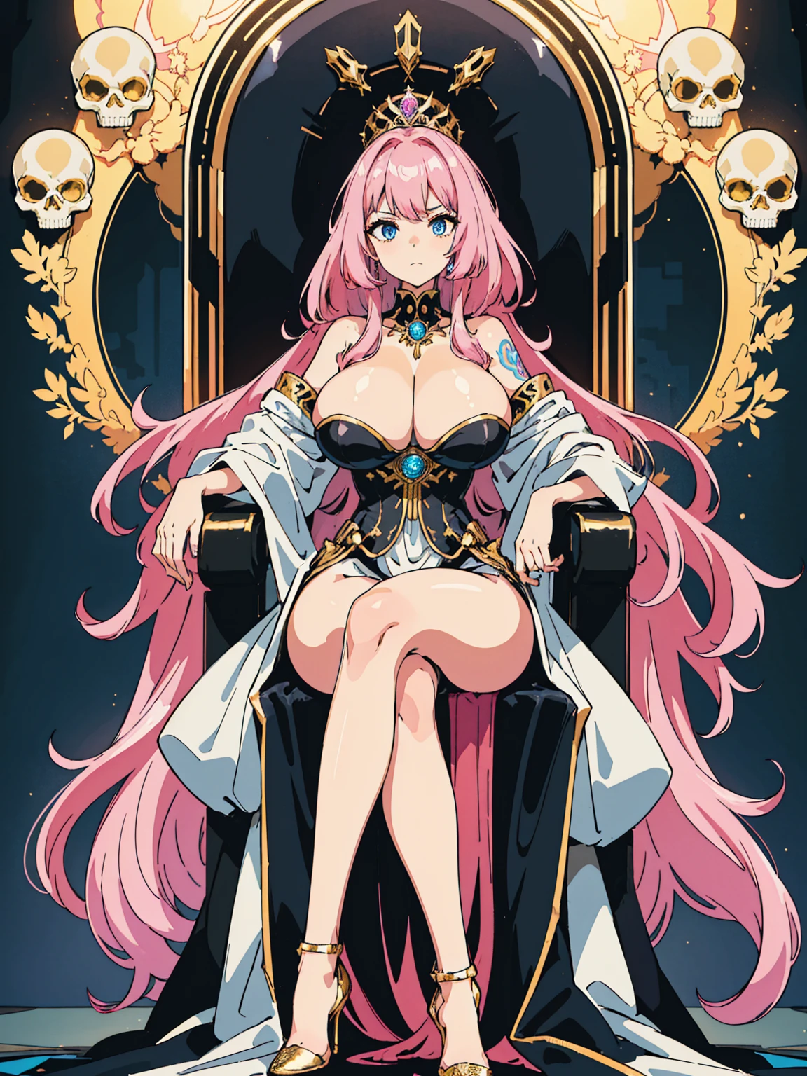 1 confident woman with floor-length pink hair, huge and big breasts, Futuristic royal costume in white with black and gold details, tall woman, blue detailed eyes, sitting on the throne of skulls , judgmental look, golden metal skulls, sovereign pose, cyberpunk queen, pink royal tattoo
