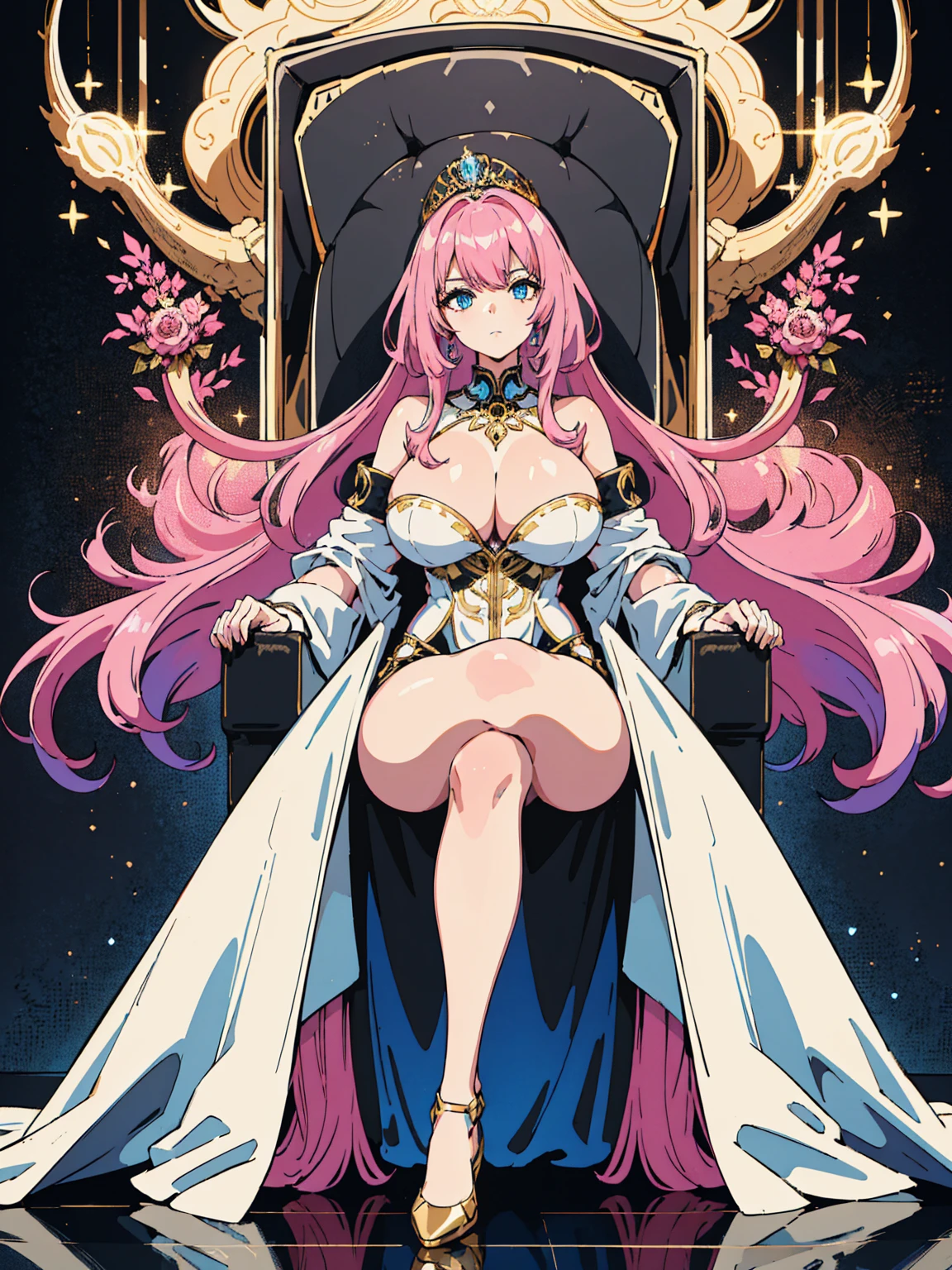 1 confident woman with floor-length pink hair, huge and , Futuristic royal costume in white with black and gold details, tall woman, blue detailed eyes, sitting on the throne of skulls , judgmental look, golden metal skulls, sovereign pose, cyberpunk queen, pink royal tattoo