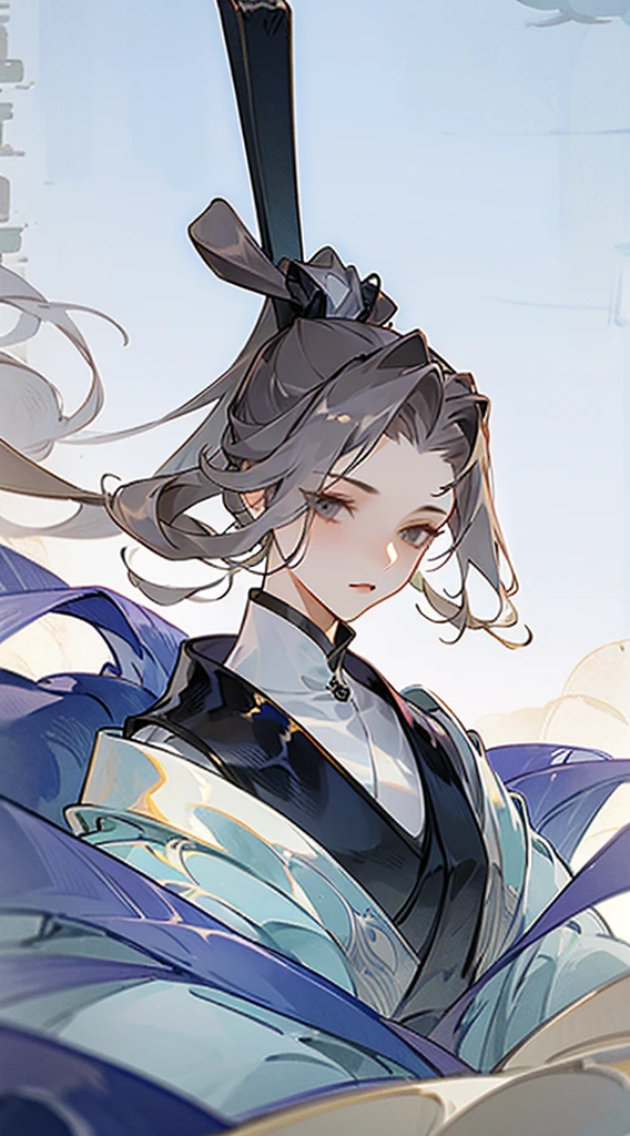 HighestQuali、intrincate detail、8K、4 k''、A high resolution、intrincate detail、Long haired young girl with gray hair、Upper body is shown、High hills、(Fantasy world）、In the daytime、Anime style, high ponytail, delicate clothing, fine hair, open scenery, calm face, beautiful appearance, Chinese style, ancient