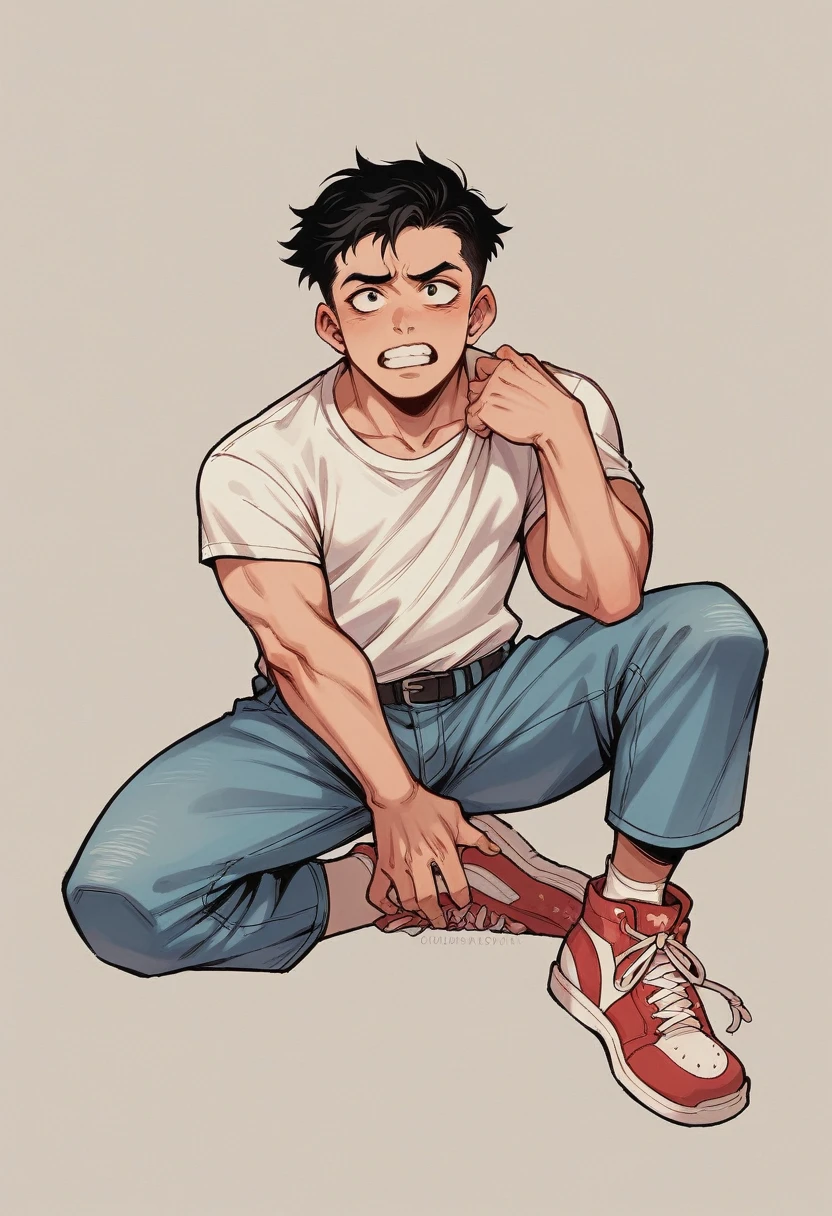 A five year old boy. Wearing a denim dungaree on top of a red He has thick, black, short straight hair. His hair is side parted. His two front teeth are fallen. His face is a bit long. He has distinct pink pouty lips. And eyes with lovely black eyelashes. He is wearing red coloured sneaker shoes. He dresses very tidily
