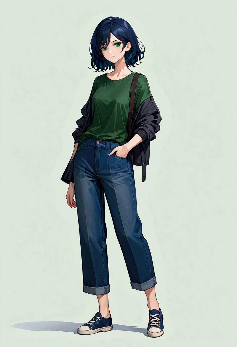 Girl with dark blue hair, green eyes,tall rectangular body figure, mature,casual clothing, full body view