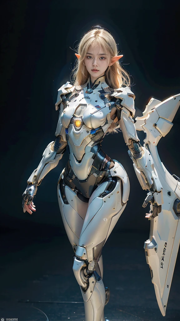 best quality, 1080P, Masterpiece, Whole body photo, Ultra high resolution, photorealistic photo, ultra realism, Realistic skin texture, Light blonde hair, Extreme skin detail, dslr, Detailed eyes, Facing the camera, very beautiful face, Concise facial structure, Pale skin, Realistic skin texture, Extreme skin detail, oc render reflection textures, Realistic light and shadow, Single picture, alone, The body is slim and balanced., Age 20, Height 170, naked girl, NUDE, no underwear, A girl with the body of a mechanical robot., Transparent futuristic black glass mech armor suit, The blue chest armor and crotch have lights., The mechanical cervix is attached to the neck., flat stomach, Woman with perfect mechanical arms and legs, full body view, Whole body photo, elf ears