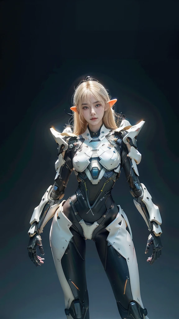 best quality, 1080P, Masterpiece, Whole body photo, Ultra high resolution, photorealistic photo, ultra realism, Realistic skin texture, Light blonde hair, Extreme skin detail, dslr, Detailed eyes, Facing the camera, very beautiful face, Concise facial structure, Pale skin, Realistic skin texture, Extreme skin detail, oc render reflection textures, Realistic light and shadow, Single picture, alone, The body is slim and balanced., Age 20, Height 170, naked girl, NUDE, no underwear, A girl with the body of a mechanical robot., Transparent futuristic black glass mech armor suit, The blue chest armor and crotch have lights., The mechanical cervix is attached to the neck., flat stomach, Woman with perfect mechanical arms and legs, full body view, Whole body photo, elf ears
