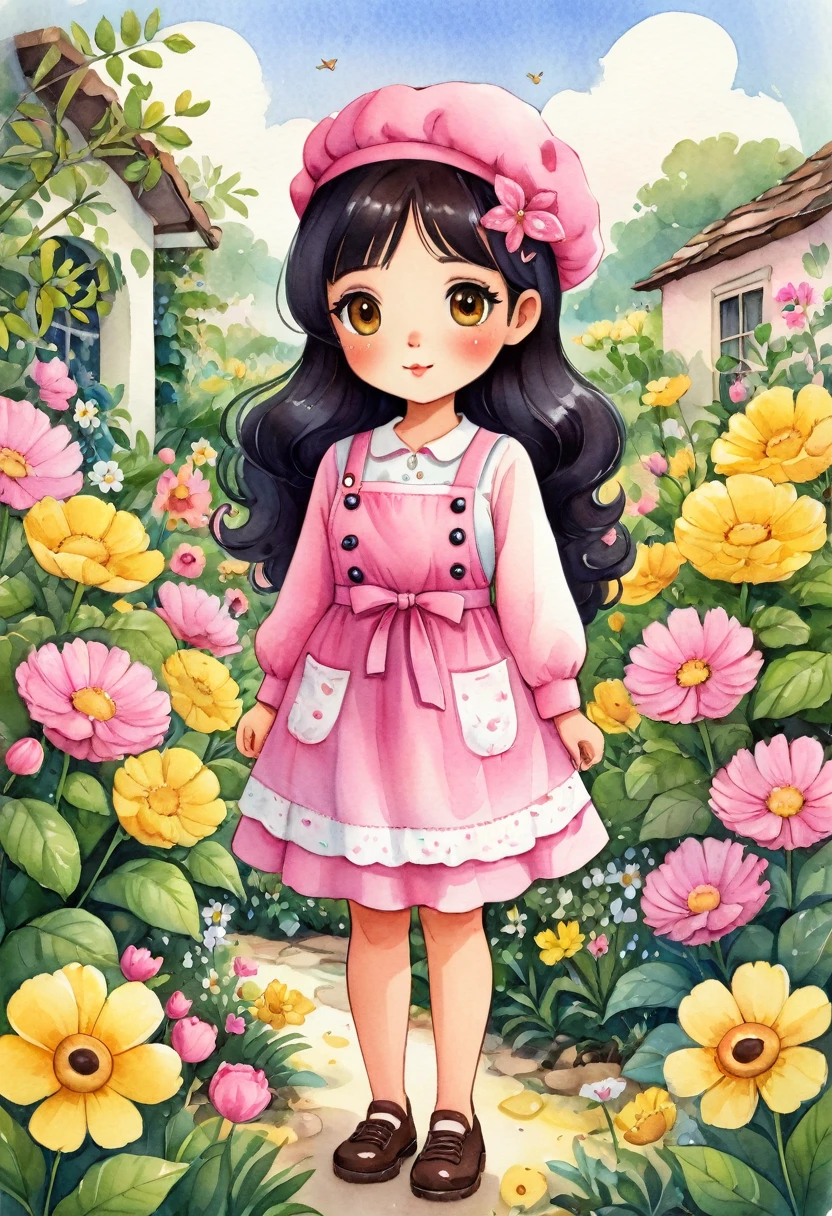 a watercolor illustration of a beautiful Brazilian  standing in a garden with many flowers, she has a pink beret on her head. She is dressed in a long-sleeved yellow dress, she is wearing a pink apron with black buttons over it, and she is wearing yellow shoes on her feet. She has shoulder-length wavy black hair and big brown eyes. Cute art style, cute cartoon character, cute digital art, cute detailed digital art, cute art, cute cartoon, cute cartoon style, cartoon style illustration, cute character, cute illustration, cute kawaii girl, detailed art cute, cute woman, cute girl, cartoon art style, adorable digital painting, chibi girl.