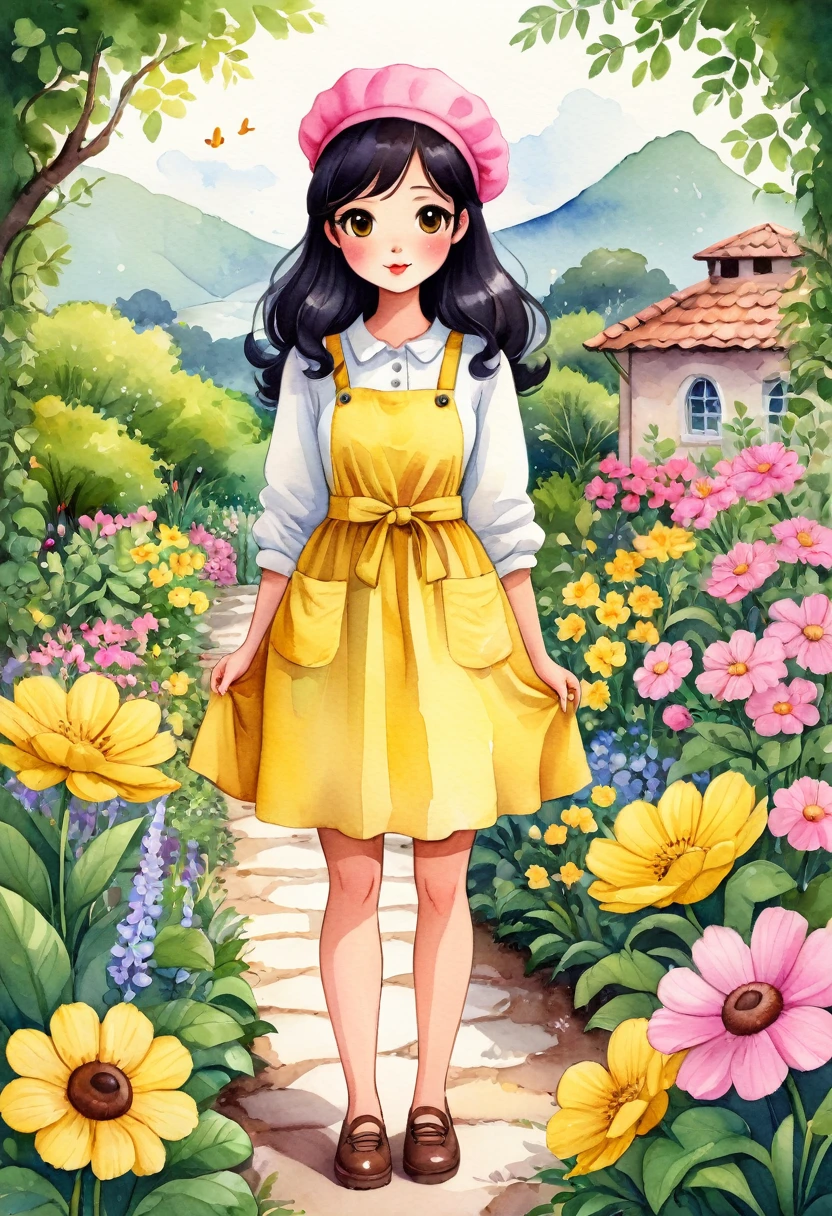 a watercolor illustration of a beautiful Brazilian standing in a garden with many flowers, she has a pink beret on her head. She is dressed in a long-sleeved yellow dress, she is wearing a pink apron with black buttons over it, and she is wearing yellow shoes on her feet. She has shoulder-length wavy black hair and big brown eyes. Cute art style, cute cartoon character, cute digital art, cute detailed digital art, cute art, cute cartoon, cute cartoon style, cartoon style illustration, cute character, cute illustration, cute kawaii girl, detailed art cute, cute woman, cute girl, cartoon art style, adorable digital painting, chibi girl.