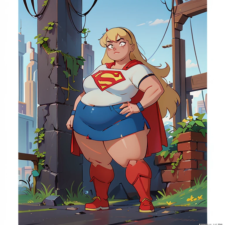 8K, Ultra HD, super details, high quality, high resolution. The heroine Supergirl, 1 fat girl, looks beautiful in a full-length photo, her body plus is sculptural, her long wavy blonde hair is radiant in a perfect combination with her white skin, her bright blonde eyes mesmerize everyone. She is wearing her heroine outfit, a red skirt with a yellow belt, a very tight blue t-shirt with a big red S on the chest, Elta also wears a red cape and red boots. she looks very fat sexy drawing attention to her big breasts and thick legs as she flies through the sky.,(Fondo de ruinas de mazmorra en ruinas cyberpunk :1.4 ), (supergils superman :1.4), (vestuario white traje :1.4), (Detalles de la cara: 1.5, ojos azules brillantes, hermoso rostro, ojos bonitos, Contorno del iris, labios delgados: 1.5, Thin, sharp pale eyebrows, Long, dark eyelashes, double tabs),(Traje vestuario white :1.4)