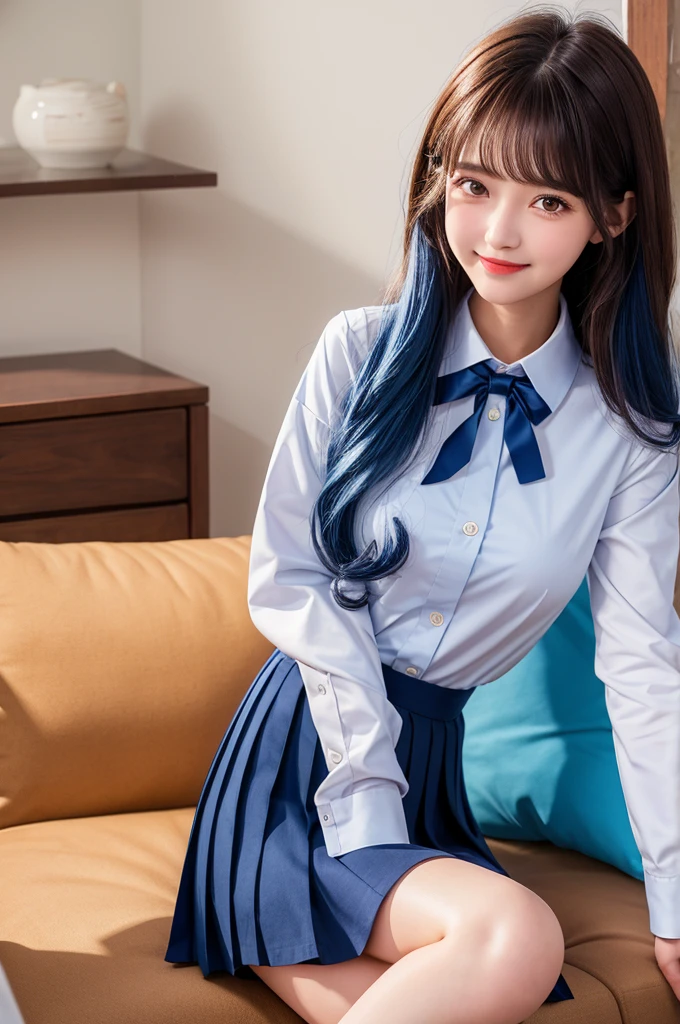 Highest quality,girl,high school girl,uniform,White long sleeve blouse,Dress shirt,Navy blue pleated skirt,Black knee-high, Brown and light blue hair, Brown eyes,White long sleeve blouse,Dress shirt,cute,Sitting,wavy hair,smile,