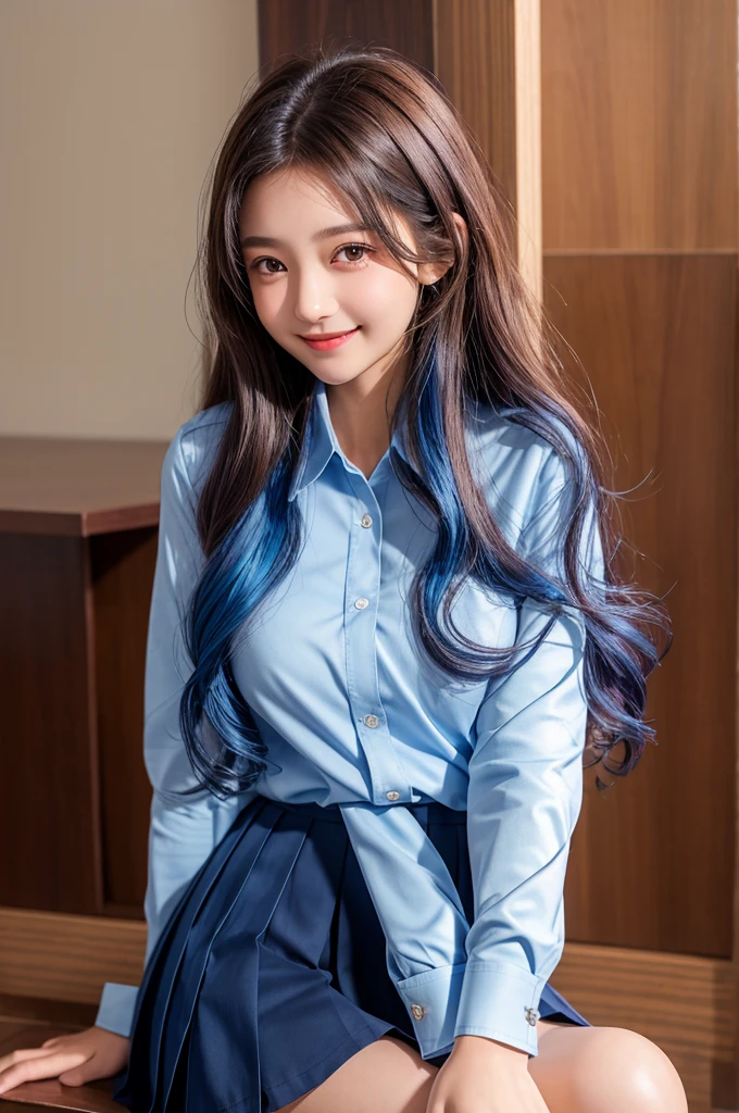 Highest quality,girl,high school girl,uniform,White long sleeve blouse,Dress shirt,Navy blue pleated skirt,Black knee-high, Brown and light blue hair, Brown eyes,White long sleeve blouse,Dress shirt,cute,Sitting,wavy hair,smile,