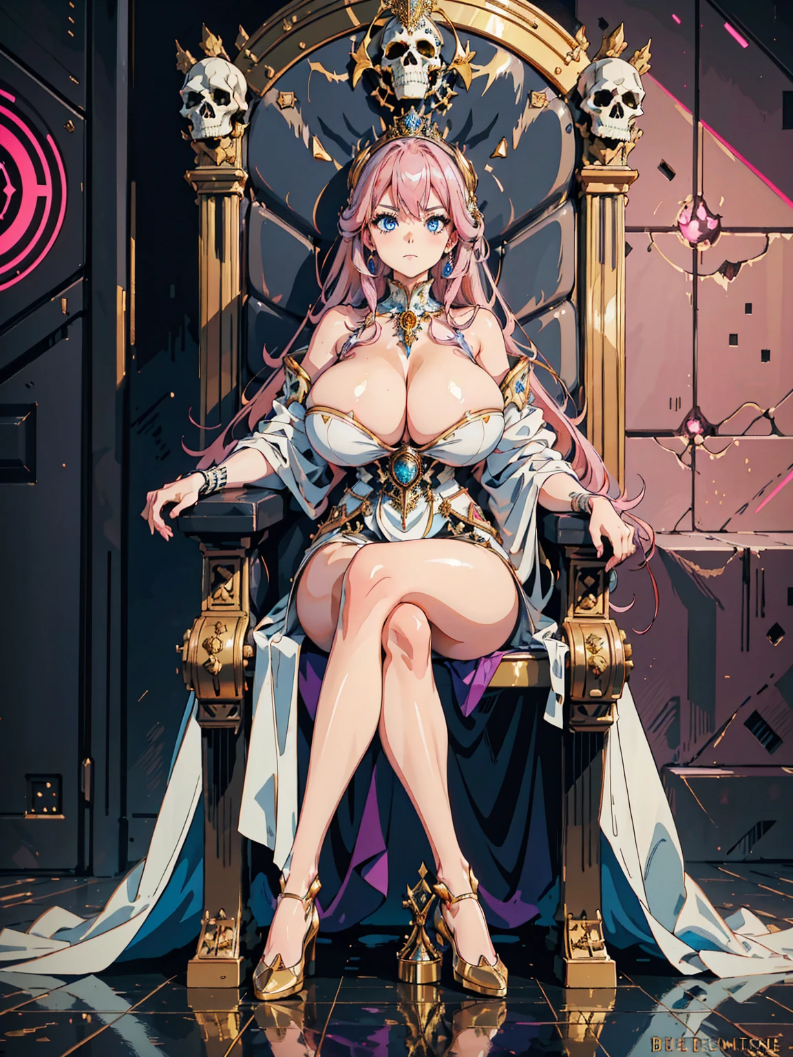 1 confident woman with floor-length pink hair, huge and big breasts, Futuristic royal costume in white with black and gold details, tall woman, blue detailed eyes, sitting on the throne of skulls , judgmental look, golden metal skulls, sovereign pose, cyberpunk queen