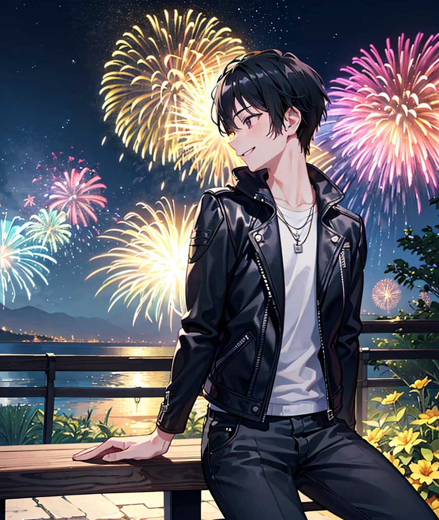 Highest quality、Young man looking up at fireworks、smile、profile、garden、Sitting on a bench、Lots of fireworks in the night sky、Wearing a black leather jacket、Black Hair、1 male