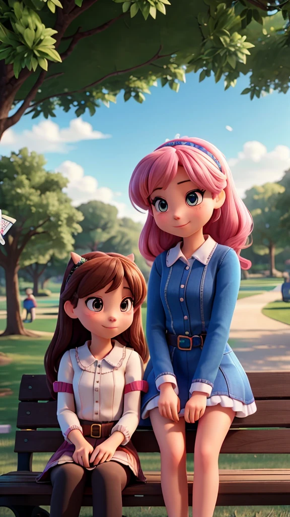 Wide shot) Luna and Brianna are sitting on a park bench, chatting and playing cards.