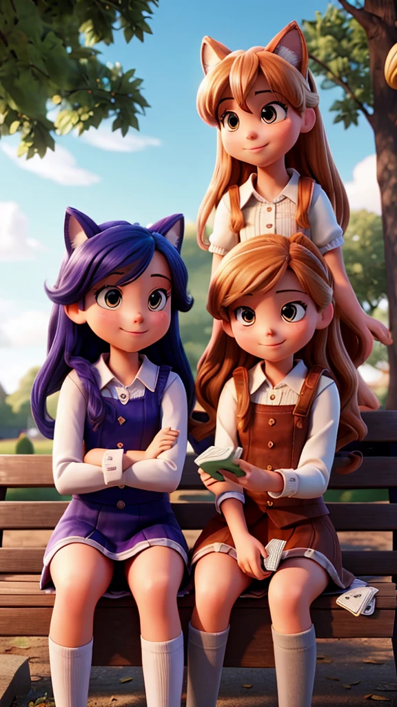 Wide shot) Luna and Brianna are sitting on a park bench, chatting and playing cards.