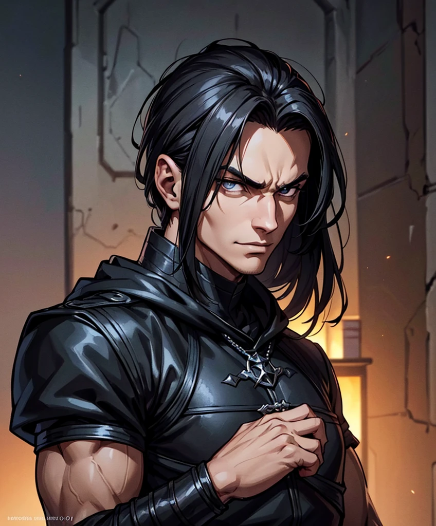  (((Single character image.))) Human male rogue for a wild and exciting fantasy setting. Looks like a miscreant thug as a fantasy character.   Looks like a knave.  Looks like a medieval fantasy criminal who is dangerous. Looks like a medieval criminal.  Looks rowdy,  Upper body only. Dark black eyes and dark eyes with an intense stare that increases his attractiveness. Handsome.  Devious smirk. Intense.   Black and silver themed attire. Tan complexion. Appears sullen, forlorn and darkly romantic.  He seems stoic and aloof which makes him all the more attractive.  Background is an eerie dungeon. best quality:1.0,hyperealistic:1.0,photorealistic:1.0,madly detailed CG unity 8k wallpaper:1.0,masterpiece:1.3,madly detailed photo:1.2, hyper-realistic lifelike texture:1.4, picture-perfect:1.0,8k, HQ,best quality:1.0,