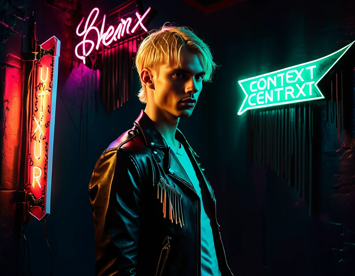 Photorealistic, dark vibes, solo, young man, facing camera, 22 years, pale skin, model (skinny:1.3), (short textured long fringe blond hair:1.5), (black leather jacket:1.3), holding dagger dark lighting, foreboding, sexy, (neon sign that says:"CONTEXT":1.8), night club setting, BDSM background
